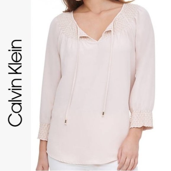 Calvin Klein Tops - Calvin Klein Long Sleeve Smocked Top Tie Detail